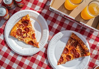 Wall Mural - Delicious pizza slices on checkered tablecloth for mealtime gathering in cozy setting