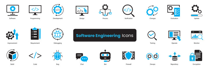 software engineering icon set. software, programming, development, bug, debug, firewall, bot, chat, update, improvment Duotone icons