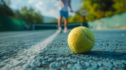 Tennis ball macro photography with a tennis player in the background