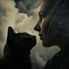 a woman looking at a cat in front of a cloudy sky