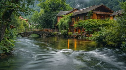 Wall Mural - Idyllic river scene with a stone bridge and a wooden house