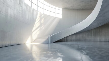 Wall Mural - Modern architectural interior with curved staircase and sunlight casting shadows