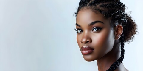 a stunning african american woman with curly braids and a sharp jawline isolated on white. concept b