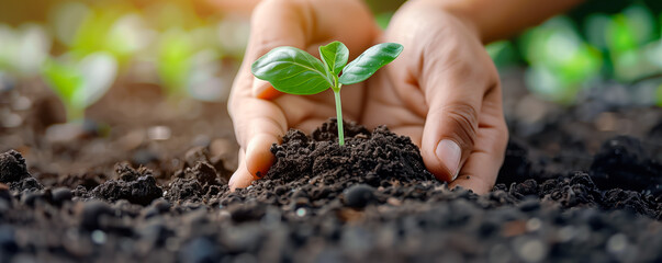 Wall Mural - Human hands putting seedling into soil. Gardening and farming concept.