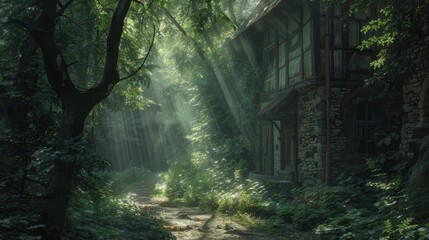 Wall Mural - Mysterious stone house in a foggy forest with sunlight rays