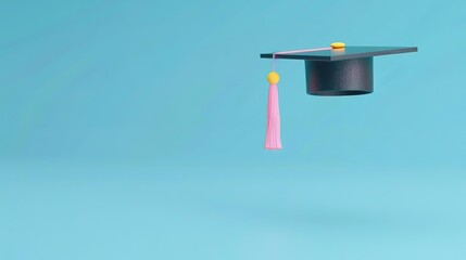 Wall Mural - Black graduation cap with pink tassel on a blue background.
