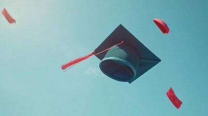 Canvas Print - Graduation cap tossed in the air with red tassels flying.