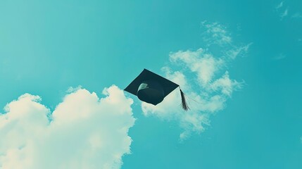 Wall Mural - A black graduation cap flies through the air against a bright blue sky and white clouds.