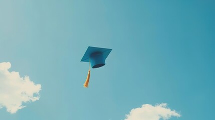 Wall Mural - Black graduation cap tossed in the air against a bright blue sky.