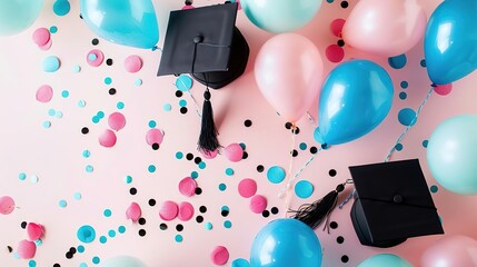 Wall Mural - Graduation caps, balloons, and confetti on a pink background.