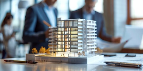 A model of an office building sitting densely on a table with two business people in suits using laptops and holding pens to draw up construction plans in a closeup shot