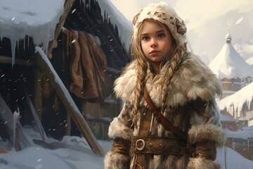 Wall Mural - Portrait of a young girl dressed in traditional winter fur clothing, with a snowy village background