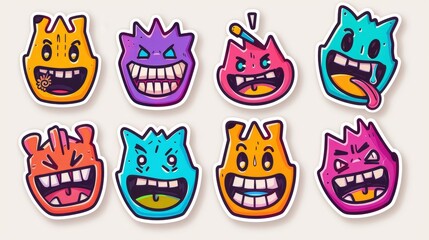 Wall Mural - This is a colorful set of happy smiling face label shapes. Collection of retro sticker shapes. Funny comic character art and quote patch bundle. Modern words, catchphrase signs, and slogans as well