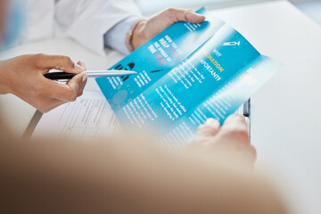 Poster - Virus, brochure and hands of doctor in hospital for consulting, medical information or healthcare. Safety, pandemic and advice with patient for disease, protection or covid vaccination in clinic