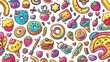 © Mark - Various 70s groovy modern elements including cartoon characters, world, pizza, ice cream, strawberries, hearts, donuts. Cute retro hippie design for decorations.