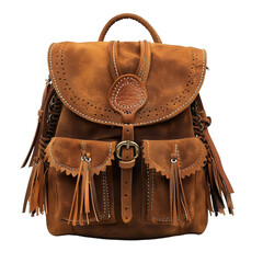 Canvas Print - Front view of a brown suede fringe backpack with tassel details isolated on a white transparent background