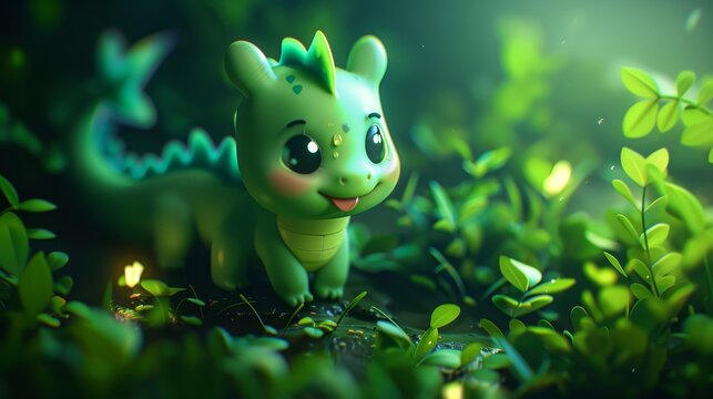 3D illustration of a cute smiling green baby dragon in a dark place in the style of children's cartoon animation, symbolizing the new year 2024.