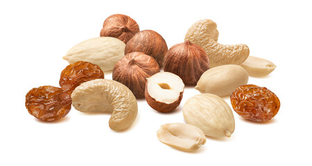 Poster - Cashew, blanched almond, hazelnut, peanut and raisins isolated on white background.