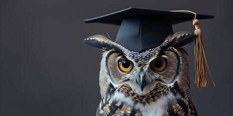 An owl wearing a black graduation cap against a pink background education concept