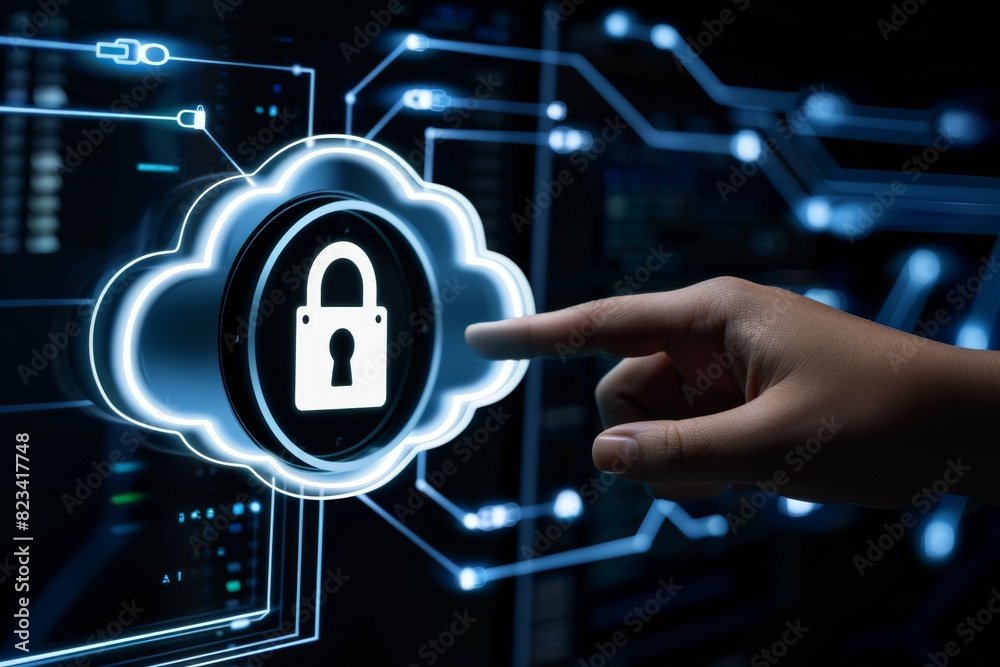 Finger pointing at a glowing secure cloud icon on a futuristic digital ...