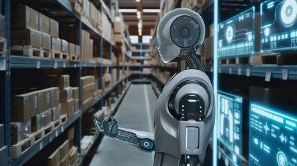 Poster - modern AI robot working in a smart warehouse managing and checking the stocks of products using augmented reality hologram technology, industry automation through futuristic artificial intelligence