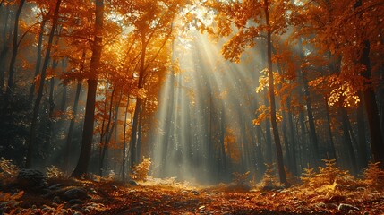 Wall Mural - autumnal forest nature trees yellow sunlight landscape