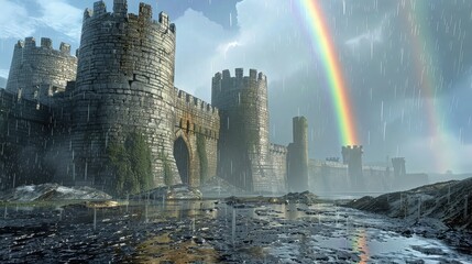 Wall Mural - A sweeping panorama of an ancient city viewed from a high vantage point, with a dramatic rainbow framing the sky above. 