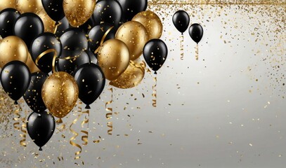 Wall Mural - Holiday celebration background with Black Gold balloons, gifts and confetti. Happy holiday greeting card, party invite, banner, invitation or certificates with copy space