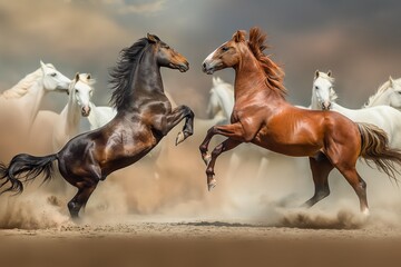 Wall Mural - Two horses rearing up and fighting in the middle of an open field, surrounded by other wild horses running around them. The background is a dusty desert with brown hues. Horizontal. Space for copy. 