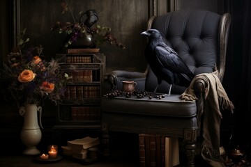 Dark, atmospheric scene with a raven perched on a leather chair, surrounded by vintage books and candles