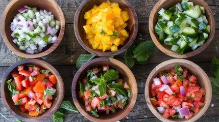 Wall Mural - wooden bowls with fresh, vibrant vegetables and sliced red onion, neatly arranged for pico de gallo on a dark background.