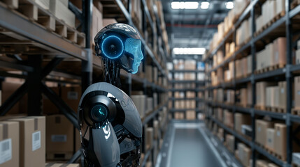 Poster - modern AI robot working in a smart warehouse managing and checking the stocks of products using augmented reality hologram technology, industry automation through futuristic artificial intelligence