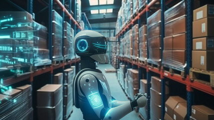 Poster - modern AI robot working in a smart warehouse managing and checking the stocks of products using augmented reality hologram technology, industry automation through futuristic artificial intelligence