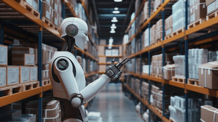 Poster - modern AI robot working in a smart warehouse managing and checking the stocks of products using augmented reality hologram technology, industry automation through futuristic artificial intelligence