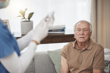 Poster - Senior patient, nurse and injection in living room for care, vaccination or flu shot in retirement home. Elderly man, carer or anxious for health, medical or immunisation for healthcare or prevention