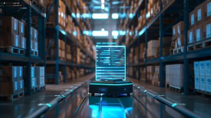 Poster - modern AI robot working in a smart warehouse managing and checking the stocks of products using augmented reality hologram technology, industry automation through futuristic artificial intelligence