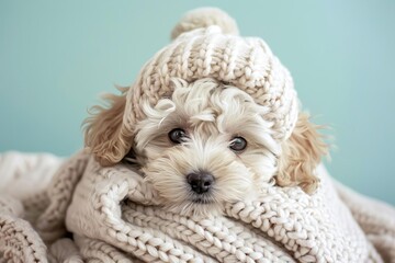 adorable maltipoo puppy in cozy winter outfit cute stuffed toy on pastel background digital illustration