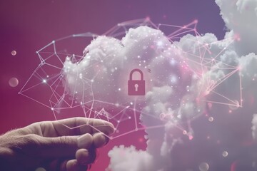 Wall Mural - Hand reaching towards a secured cloud with a padlock, symbolizing cloud data security and privacy in a connected digital network.