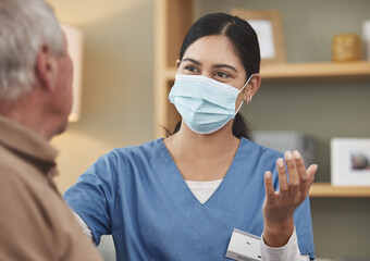 Poster - Senior care, man and nurse in mask with support, advice or kindness at nursing home together. Healthcare, elderly person and caregiver on couch with respect, help and homecare in retirement in lounge