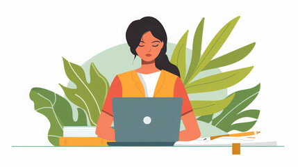 Poster - A casual businesswoman is deeply engrossed in business planning, writing on her notebook while working on her laptop computer in a modern office