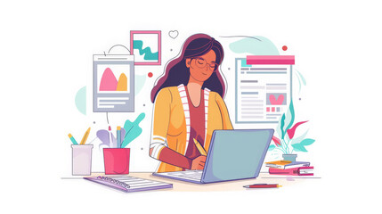 Poster - A casual businesswoman is deeply engrossed in business planning, writing on her notebook while working on her laptop computer in a modern office