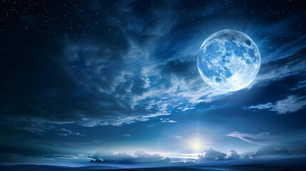 Blue moon rising over night sky. Stunning blue moon illuminating a cloudy night sky, perfect for projects related to astronomy, nature, and fantasy.
