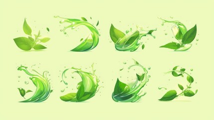 Poster - A fresh wind flow effect with leaves. A cool wave and tornado with flying tea or peppermint. Abstract motion curve with herbal leaves.