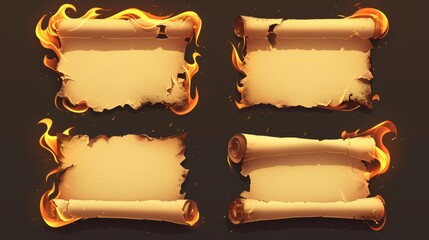 Poster - Burnt paper pieces on transparent background. Modern realistic illustration of charred paper with uneven edges, scorched letter sheets, old parchment pieces.