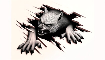 Wall Mural - A black and white drawing of a wolf with claws and teeth showing its face through a hole in a wall