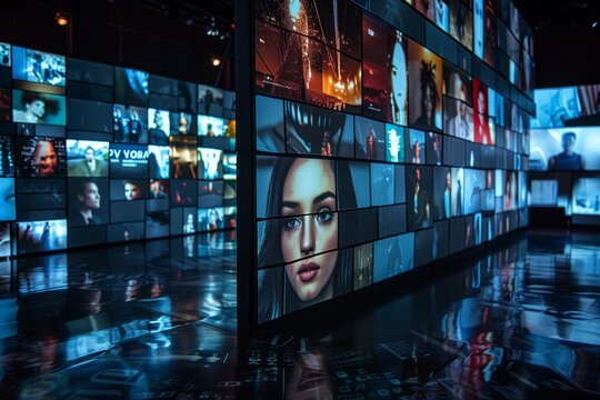 A wall of multiple television screens displays various media content. The images include news, sports events, and fashion shows