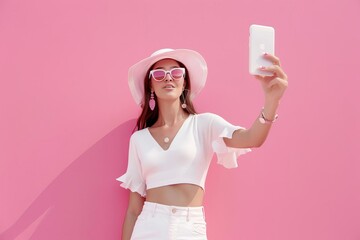 Wall Mural - adorable young woman in elegant white outfit taking selfie radiating joy on pastel pink background