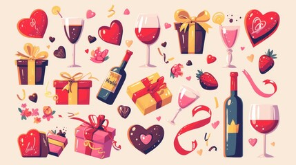 Wall Mural - Valentine's Day romantic icons set with heart shaped gift box, chocolate candy, bottle of vine and glass of alcohol drink, and congratulation card. Modern set of love elements.