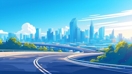 Wall Mural - A curve bridge road leads to skyscrapers. Cartoon modern illustration of city landscape on a sunny summer day with multistorey buildings, highway and green trees. Speedway construction.