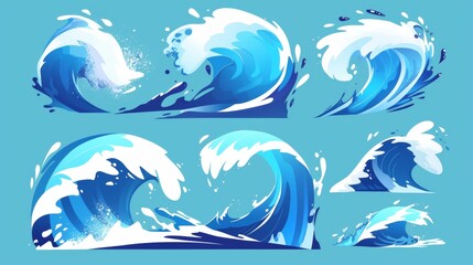 Poster - The waves splashing in the ocean. Cartoon sea surf modern icon. Summer summer game graphic with liquid drop streams. Isolated high falling tsunami swirl vfx. Storm motion clipart for illustrations of